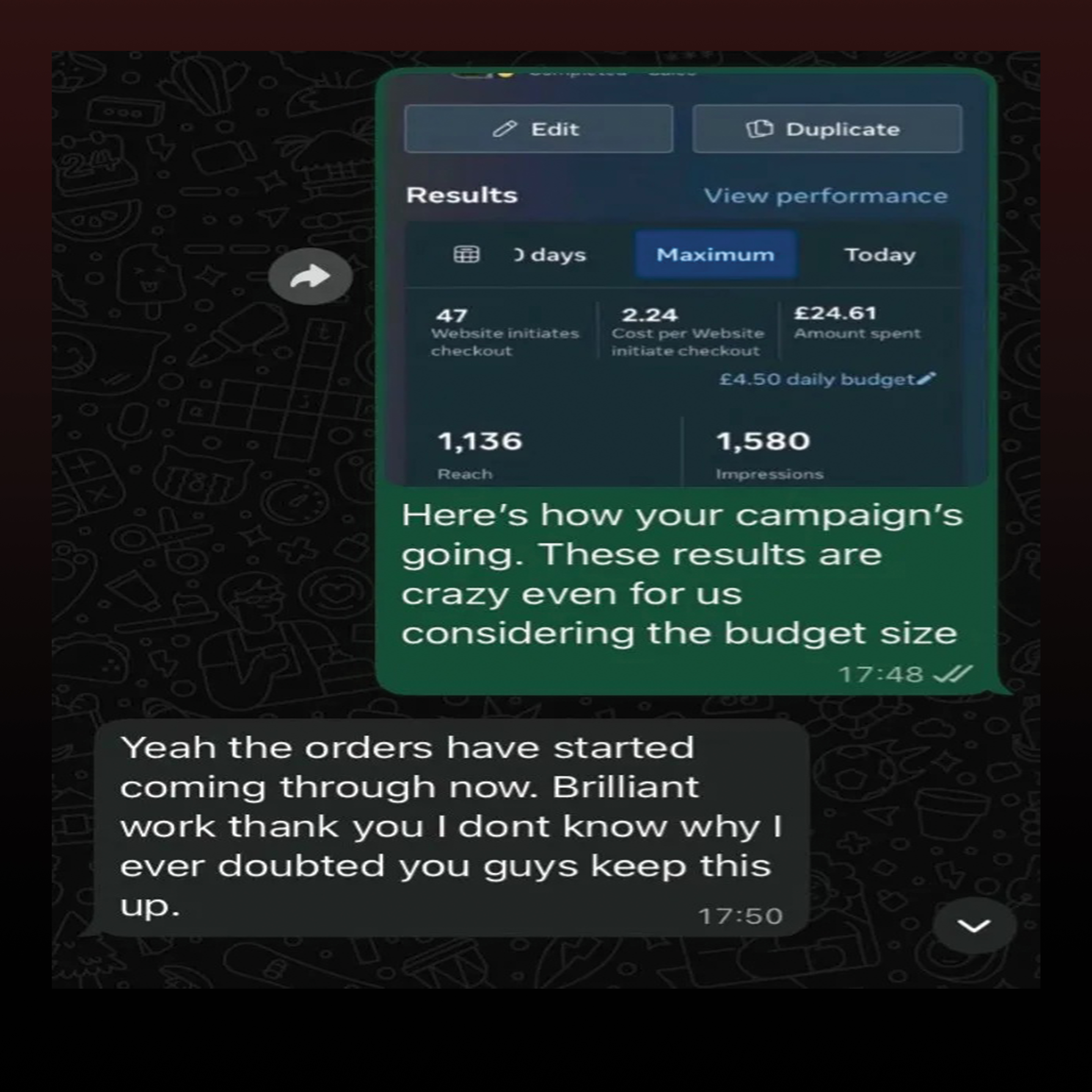 BAKS Media client WhatsApp — 47 checkout initiates, £24.61 spend